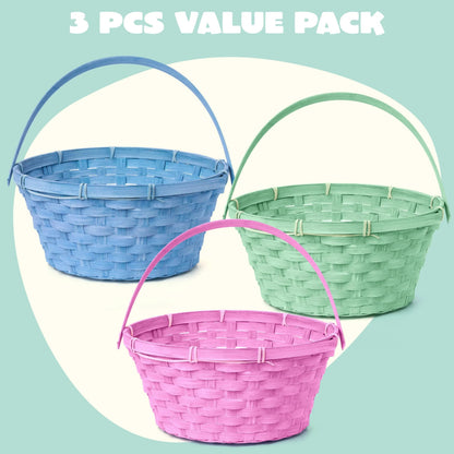 3-Pack Easter Bamboo Baskets with Folding Handles for Egg Hunts