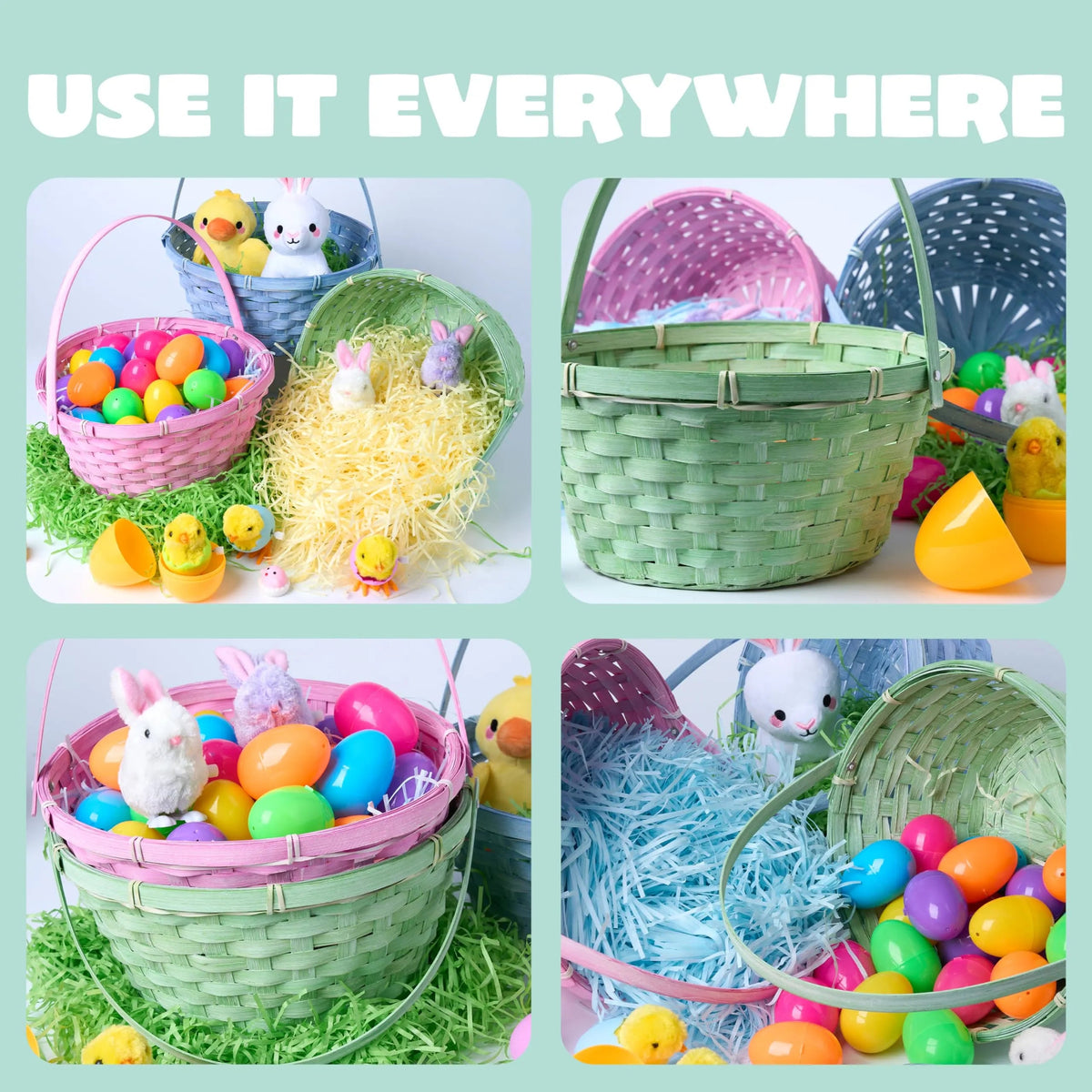 3-Pack Easter Bamboo Baskets with Folding Handles for Egg Hunts