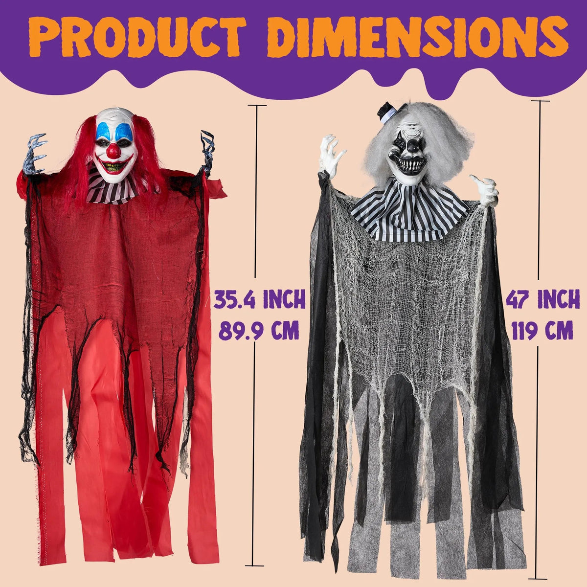 3 Pcs Halloween Hanging Clowns Decorations - One 47in & Two 35.4in Scary Hanging Clowns in Assorted Colors