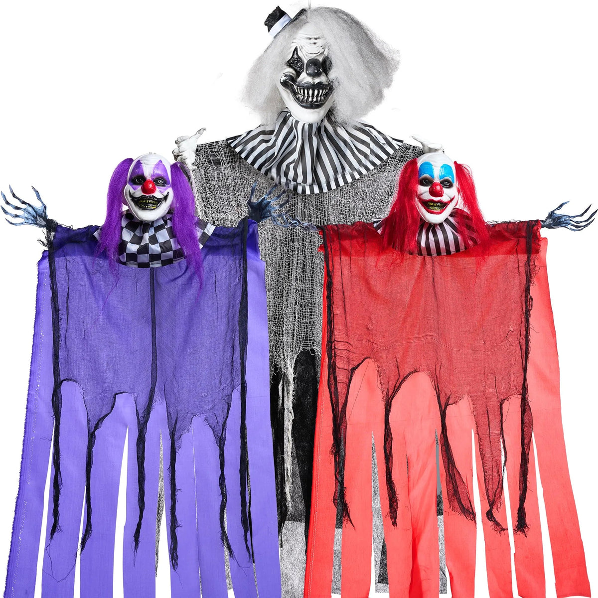 3 Pcs Halloween Hanging Clowns Decorations - One 47in & Two 35.4in Scary Hanging Clowns in Assorted Colors