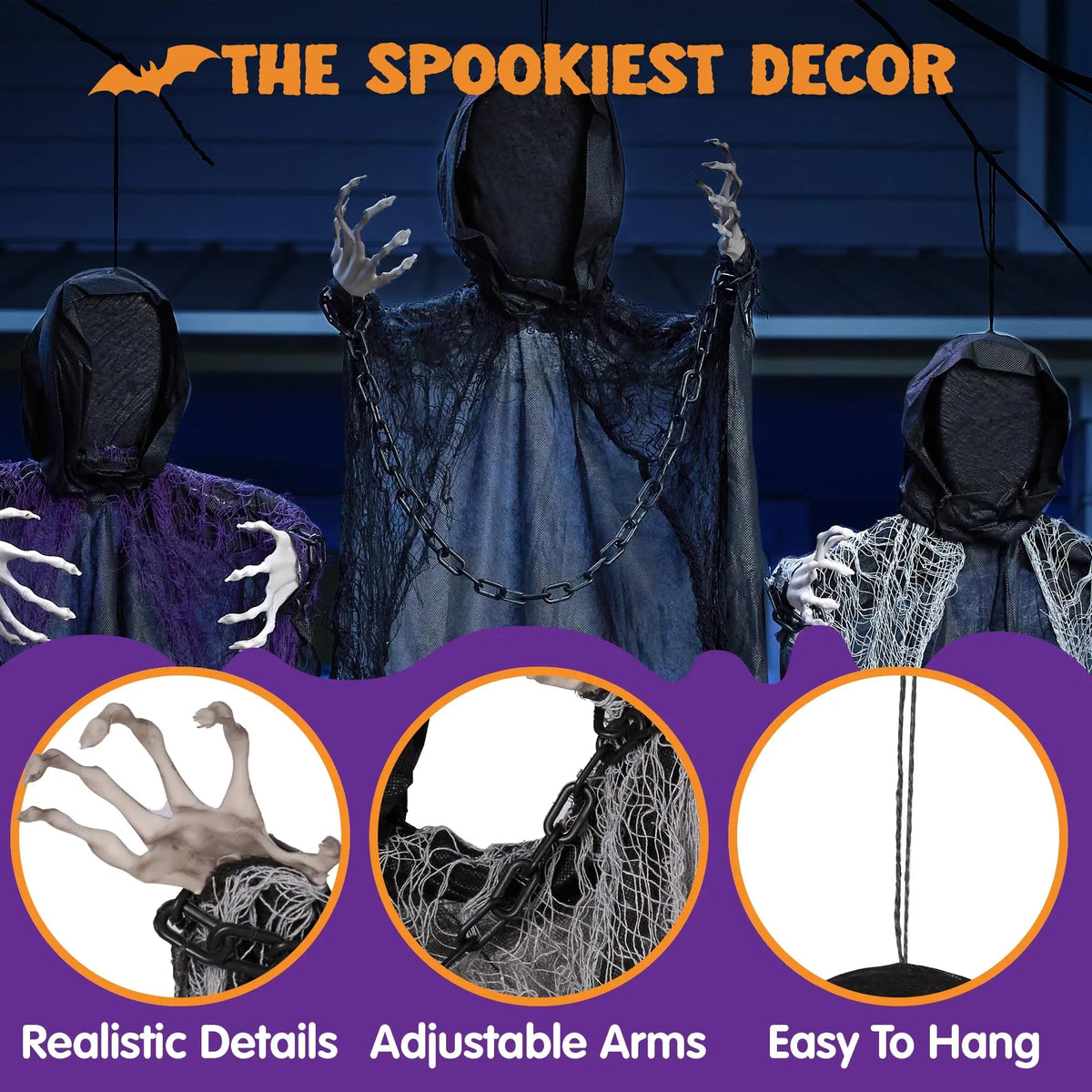 3-Piece Halloween Hanging Grim Reaper Decorations - 47-Inch & 2x 35-Inch Faceless Ghosts