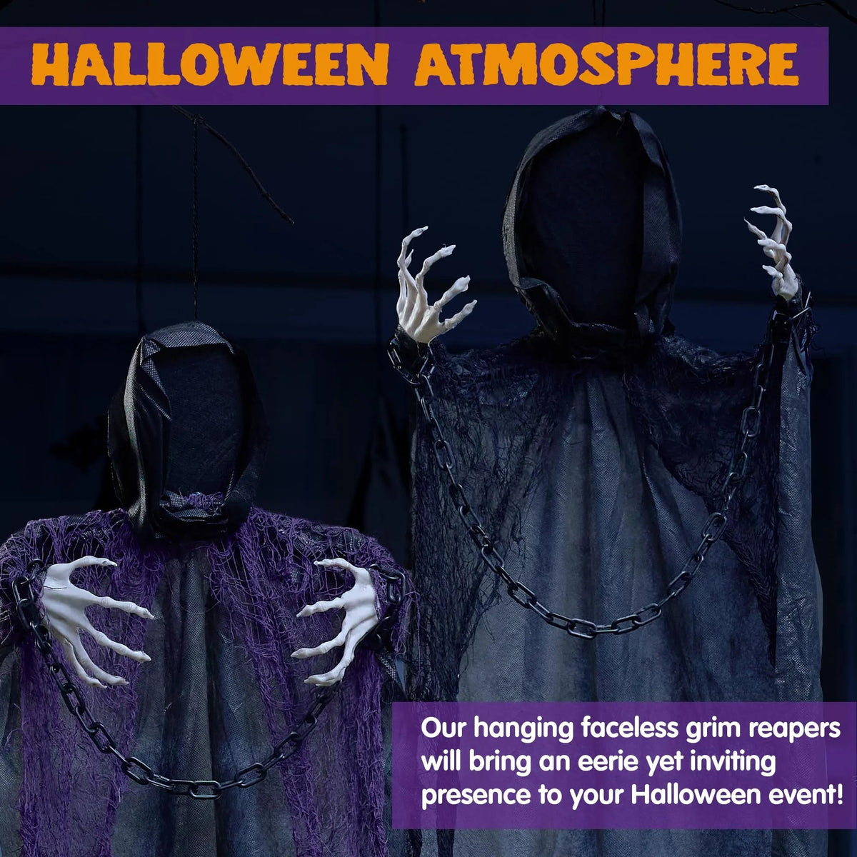 3-Piece Halloween Hanging Grim Reaper Decorations - 47-Inch & 2x 35-Inch Faceless Ghosts