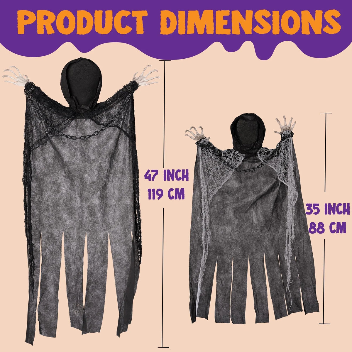 3-Piece Halloween Hanging Grim Reaper Decorations - 47-Inch & 2x 35-Inch Faceless Ghosts