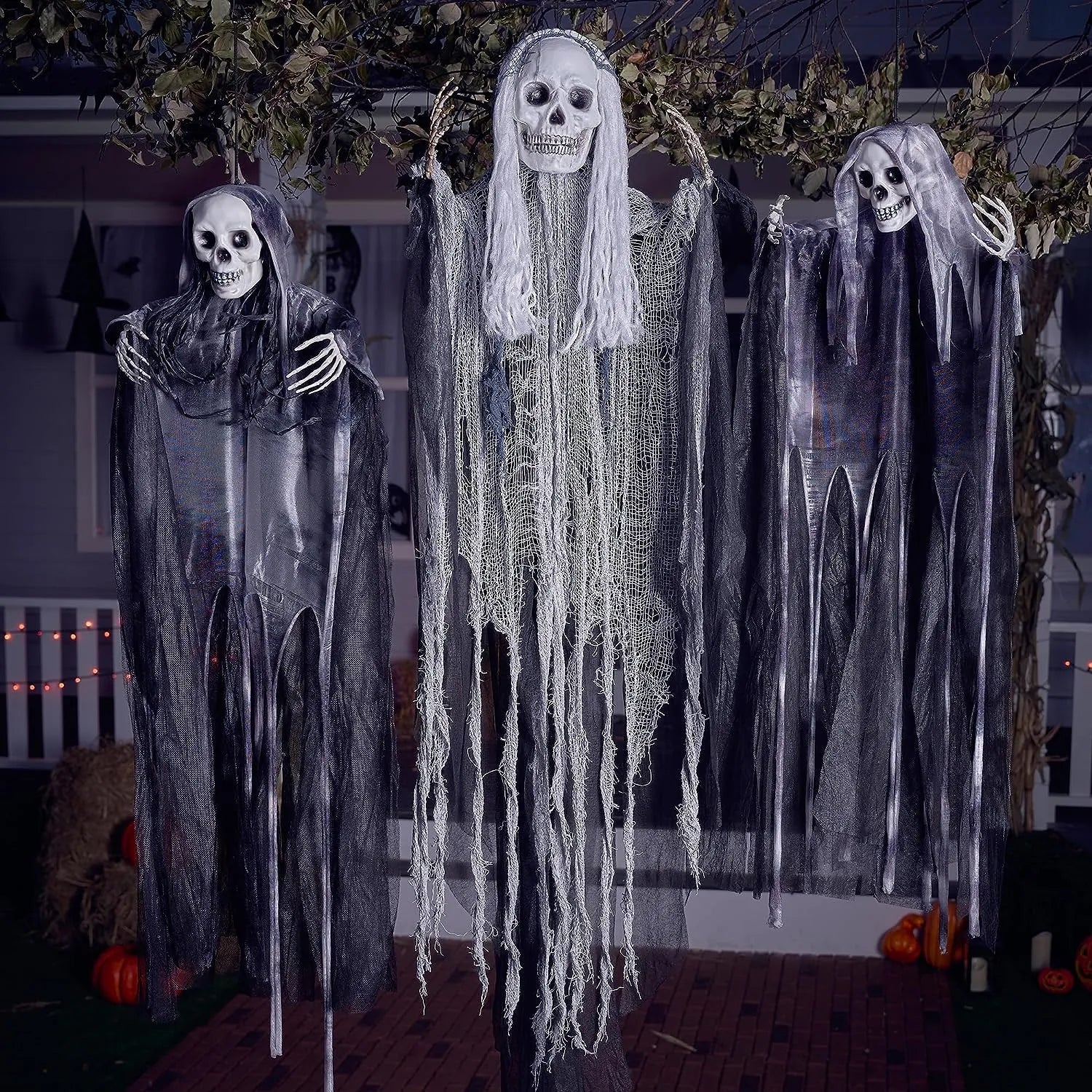 3-Piece Halloween Hanging Grim Reapers: 55-Inch & Two 35-Inch Skeleton Flying Ghosts