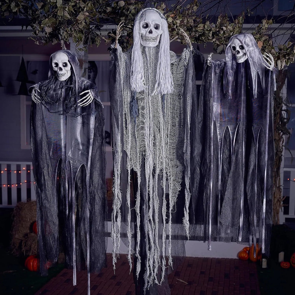 3-Piece Halloween Hanging Grim Reapers: 55-Inch & Two 35-Inch Skeleton Flying Ghosts