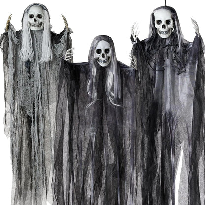 3-Piece Halloween Hanging Grim Reapers: 55-Inch & Two 35-Inch Skeleton Flying Ghosts