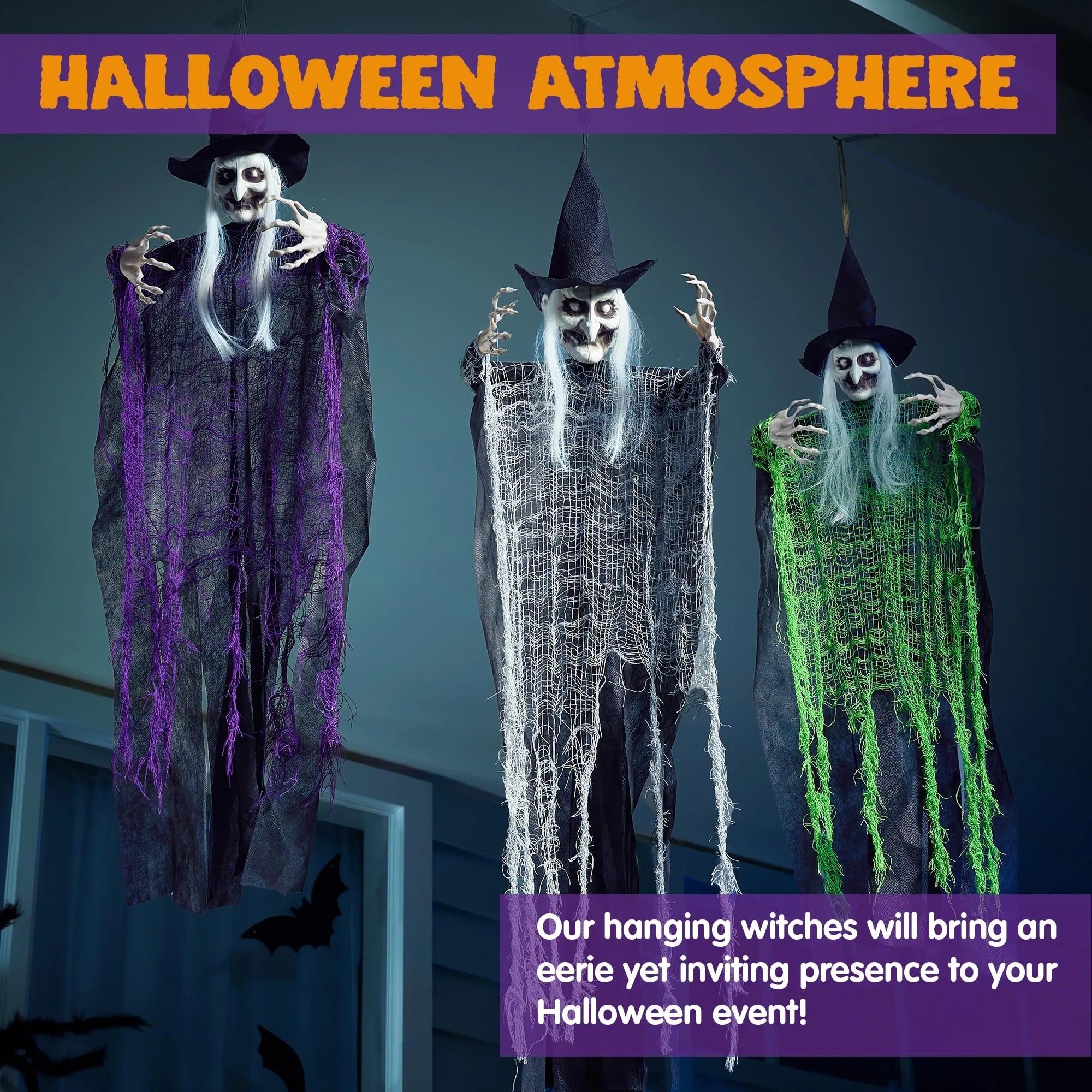 3 Halloween Hanging Witches - 1 (47in) & 2 (35.4in) for Indoor/Outdoor Decor