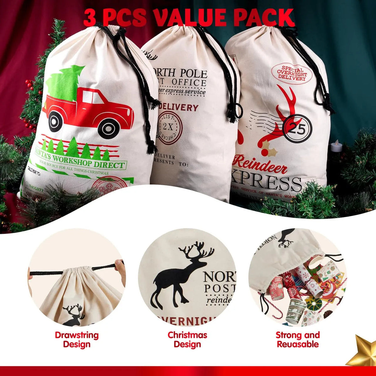 3-Pack Santa Burlap Christmas Gift Bags with Drawstring, 26 x 19 Inches