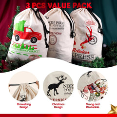3-Pack Santa Burlap Christmas Gift Bags with Drawstring, 26 x 19 Inches