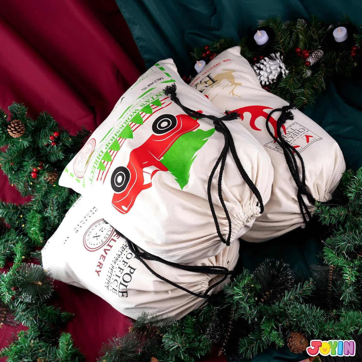 3-Pack Santa Burlap Christmas Gift Bags with Drawstring, 26 x 19 Inches