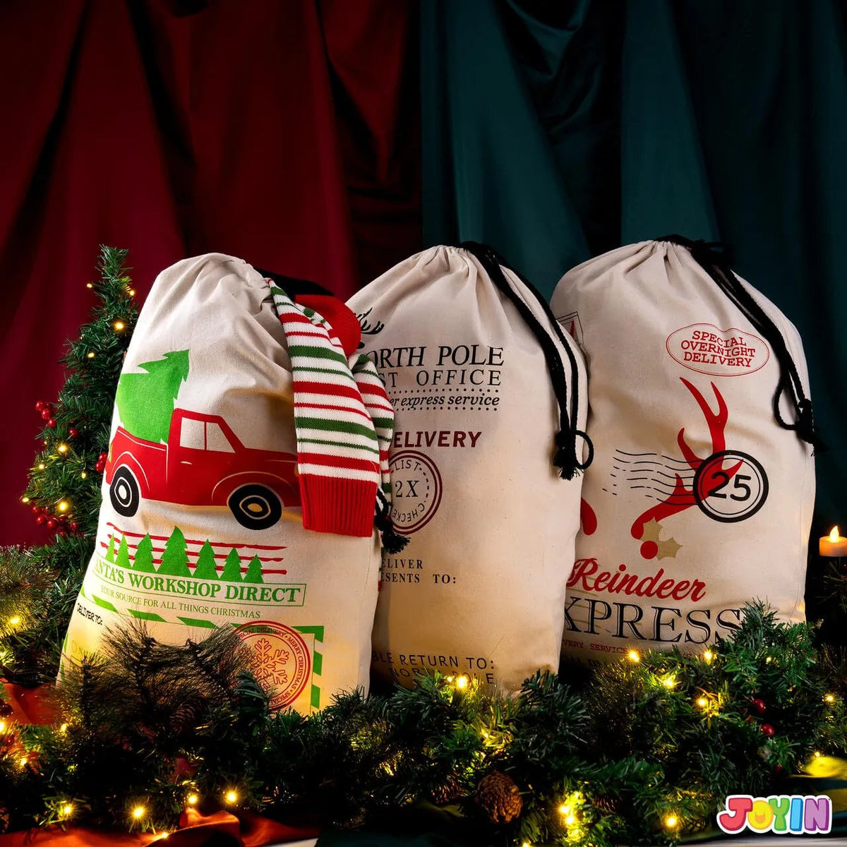 3-Pack Santa Burlap Christmas Gift Bags with Drawstring, 26 x 19 Inches