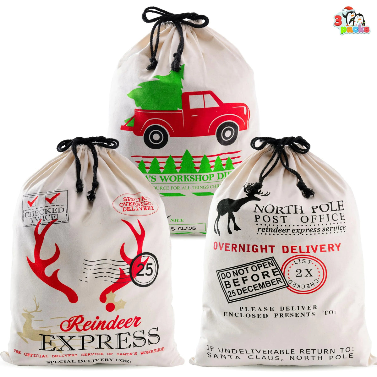 3-Pack Santa Burlap Christmas Gift Bags with Drawstring, 26 x 19 Inches