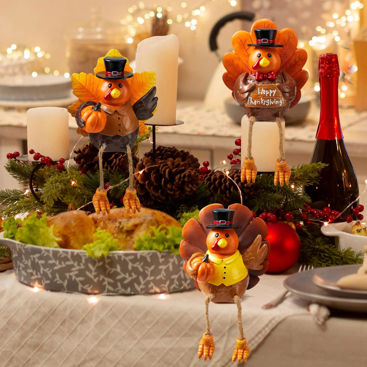 3 Pcs Thanksgiving Turkey Tabletop Centerpieces - Resin Turkey Fall Figurines