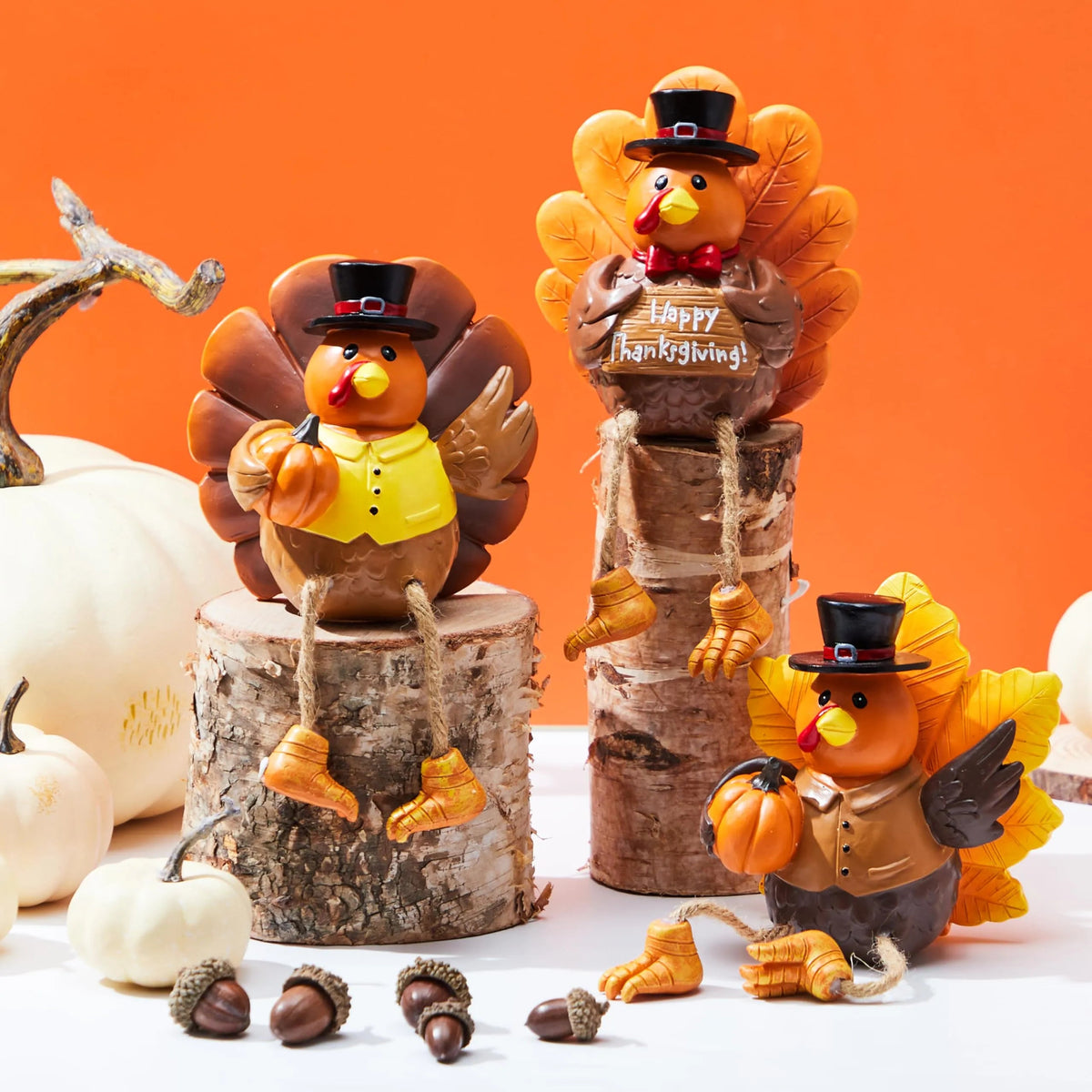 3 Pcs Thanksgiving Turkey Tabletop Centerpieces - Resin Turkey Fall Figurines