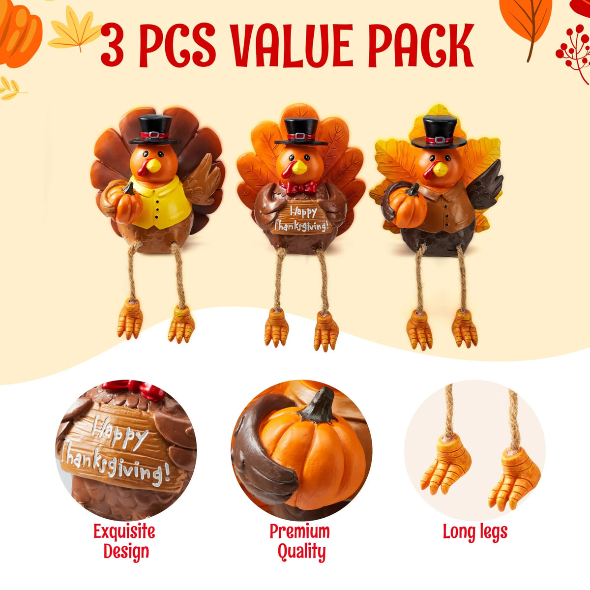 3 Pcs Thanksgiving Turkey Tabletop Centerpieces - Resin Turkey Fall Figurines