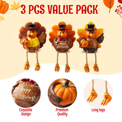 3 Pcs Thanksgiving Turkey Tabletop Centerpieces - Resin Turkey Fall Figurines