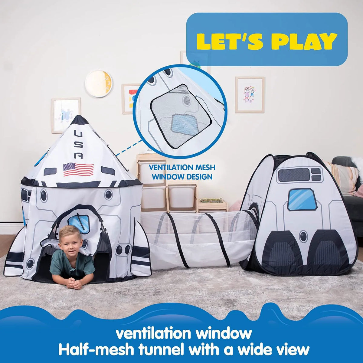 White Rocket Ship Pop-Up Play Tent with Tunnel