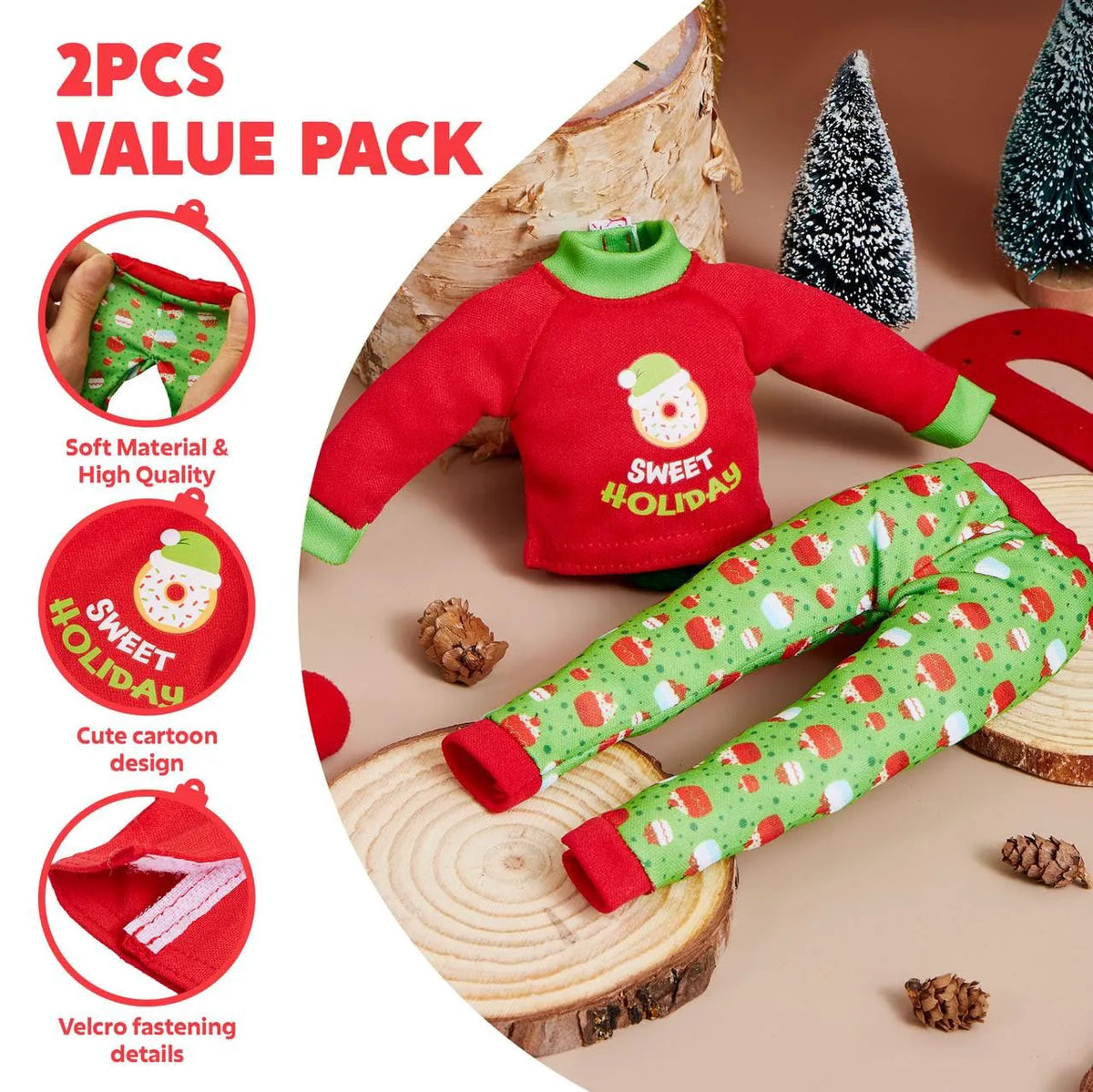 2 Pack Santa Ugly Sweaters for Dolls - Cupcakes and Donuts Themed Naughty Pajamas