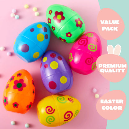 6 Large Printed Easter Eggs - 6 Inch Jumbo Plastic Fillable Eggs for Easter Hunt