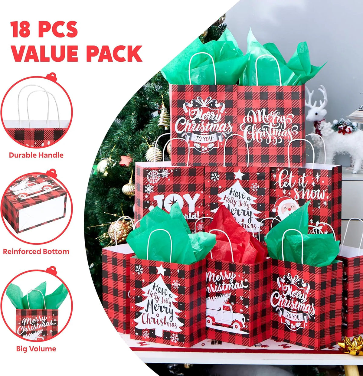 18 Pack Christmas White Kraft Bags with Handles