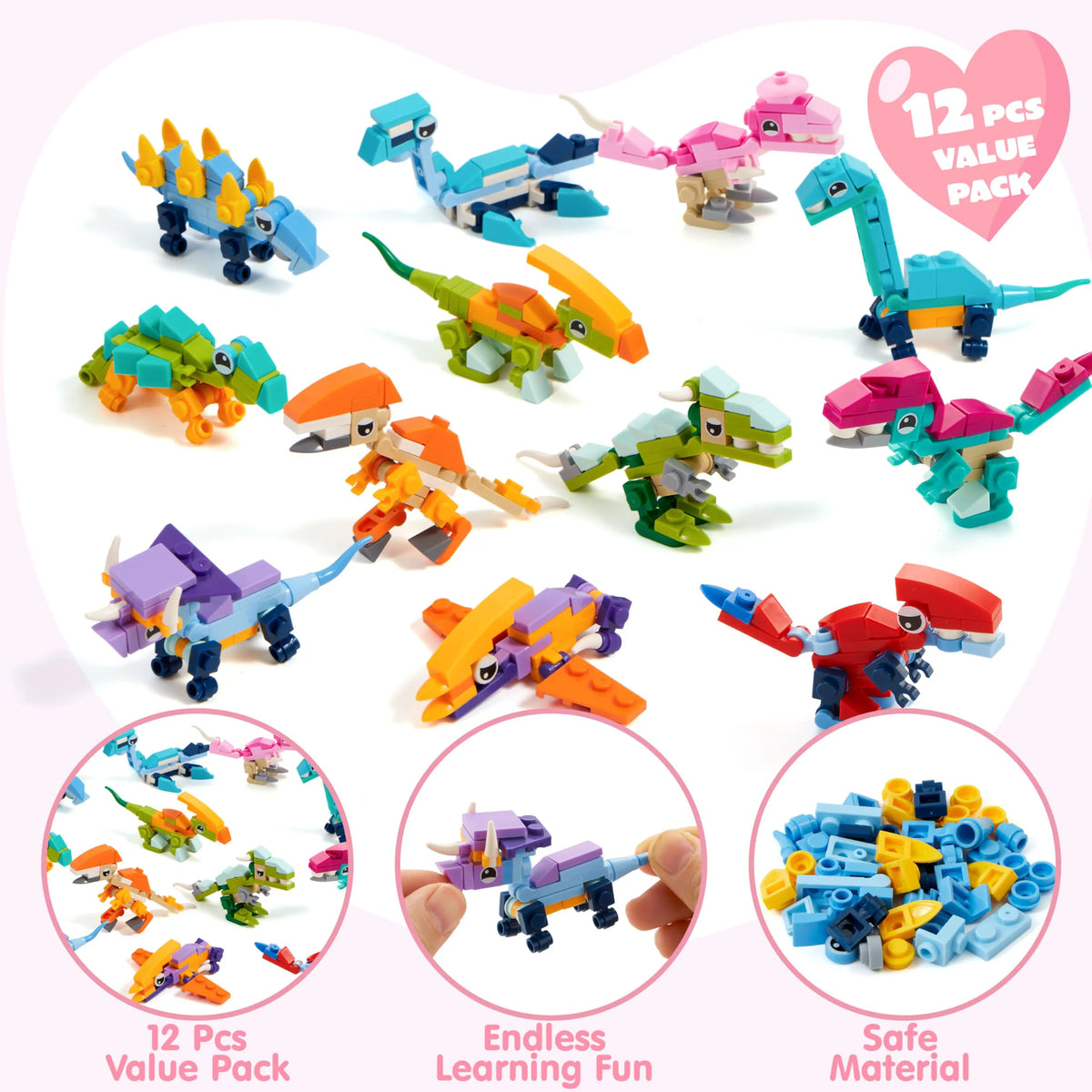 12-Pack Valentine's Dinosaur Building Blocks with Heart Boxes for Party Favors