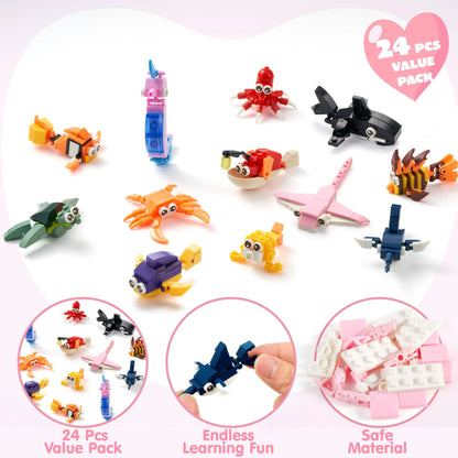 24 Pack Valentine's Day Cards with Ocean Animal Building Blocks for Party Gifts