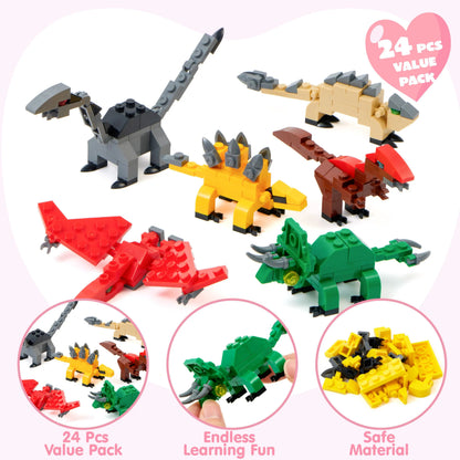 24 Pack Valentine's Day Cards with Dinosaur Building Blocks for Gifts and Party Favors