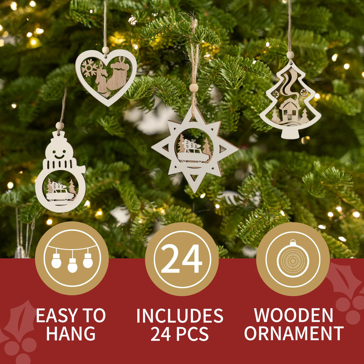 24-Piece Set of Wooden Carved Christmas Hanging Ornaments for Holiday Decor
