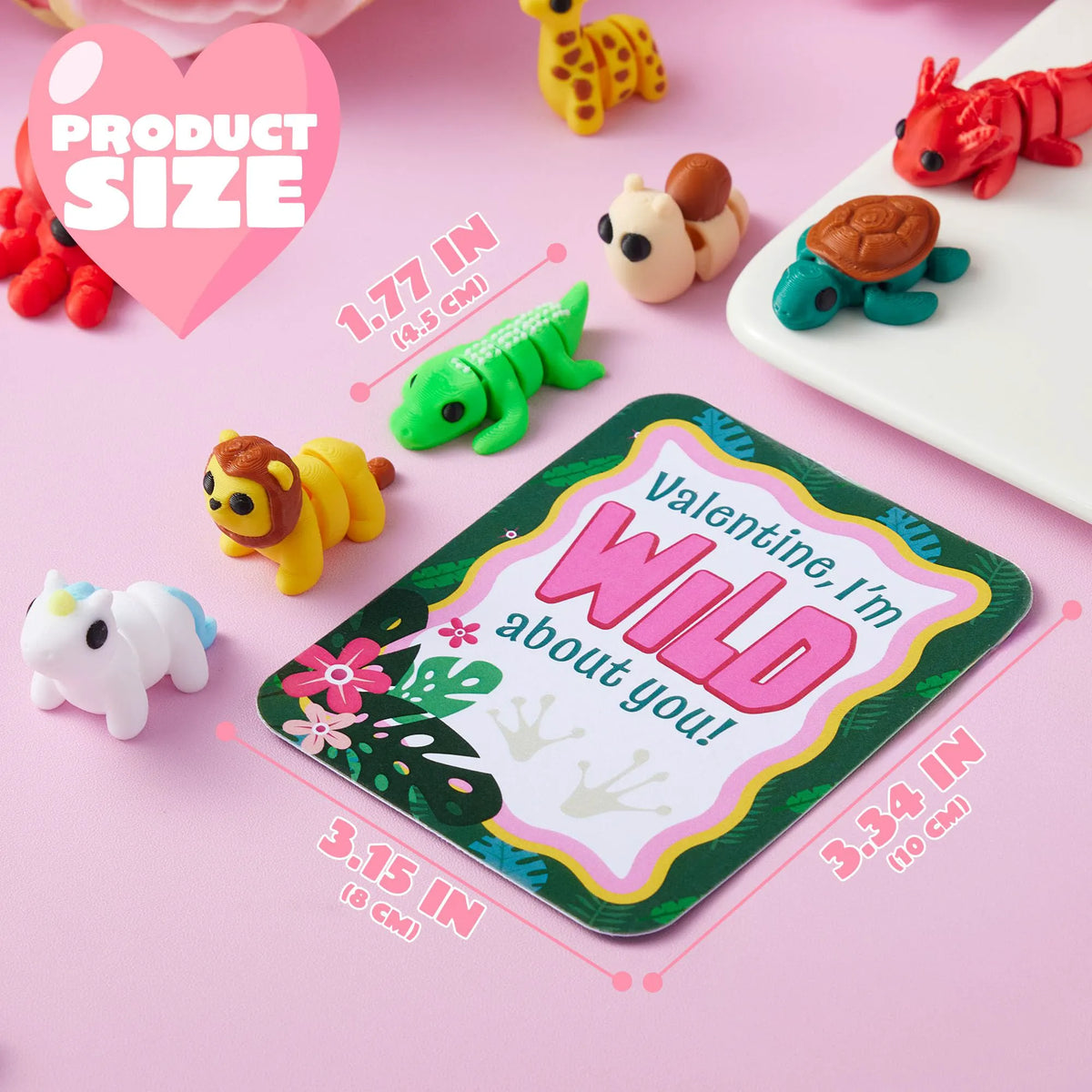 28-Piece Set of 3D Printed Mini Animals with Valentine Greeting Cards for Kids