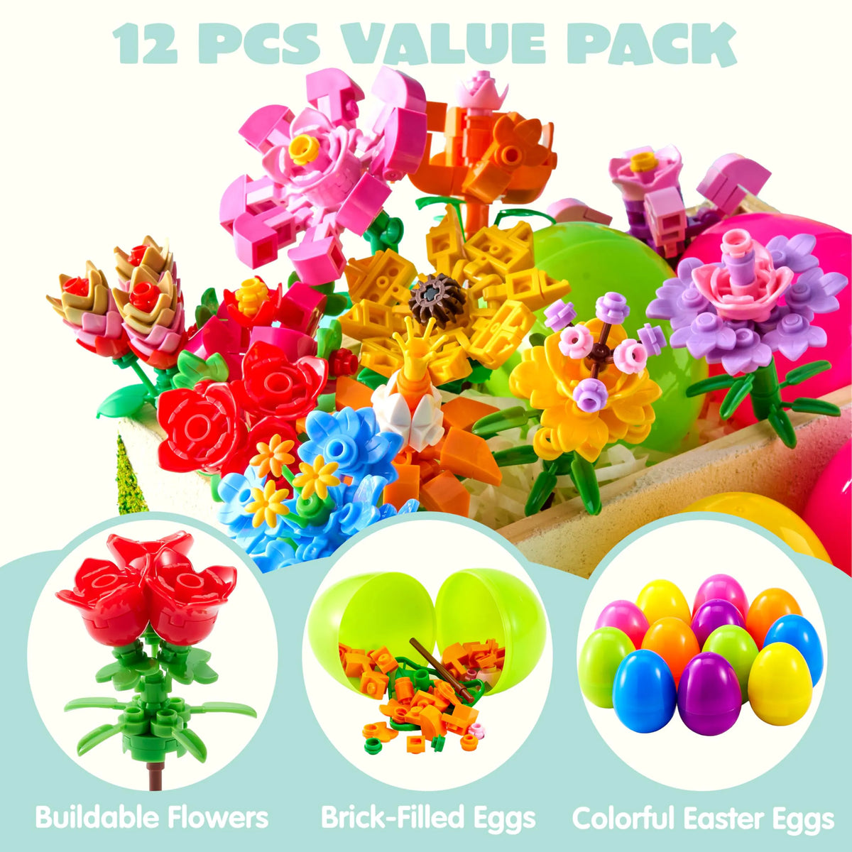 12 Prefilled Easter Eggs with Flower Building Blocks for Kids Egg Hunt