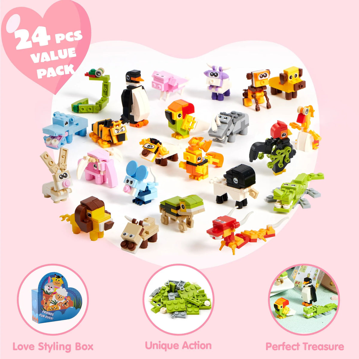Animal Building Blocks Valentine's Heart Boxes Filled with Cards for Kids
