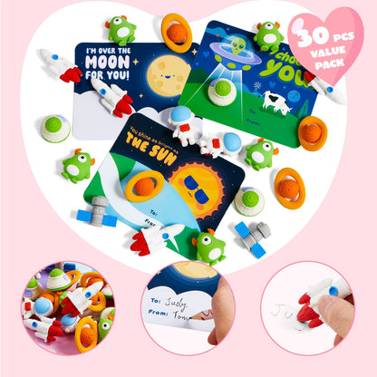 30 Space-Themed Valentine's Cards with Erasers for Party Favors