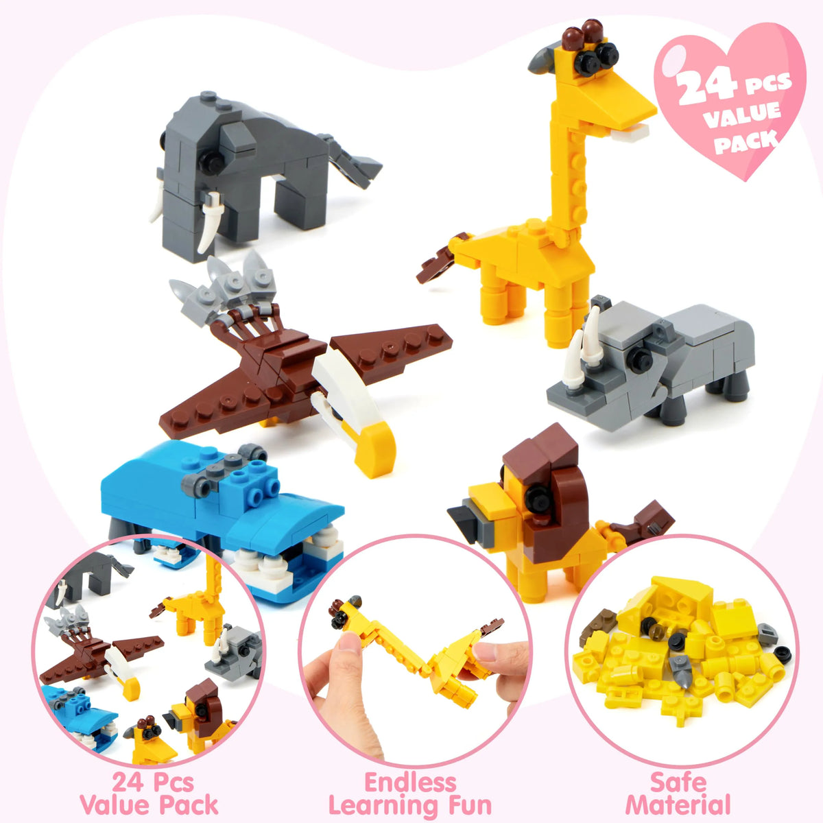 24 Pack Valentine's Day Cards with Safari Animal Building Blocks for Gifts and Party Favors