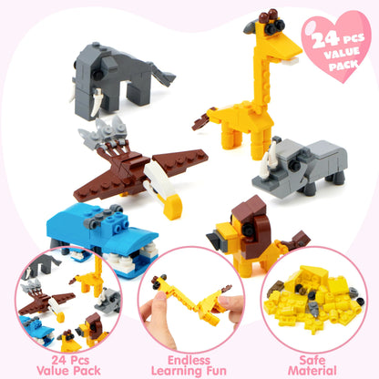 24 Pack Valentine's Day Cards with Safari Animal Building Blocks for Gifts and Party Favors