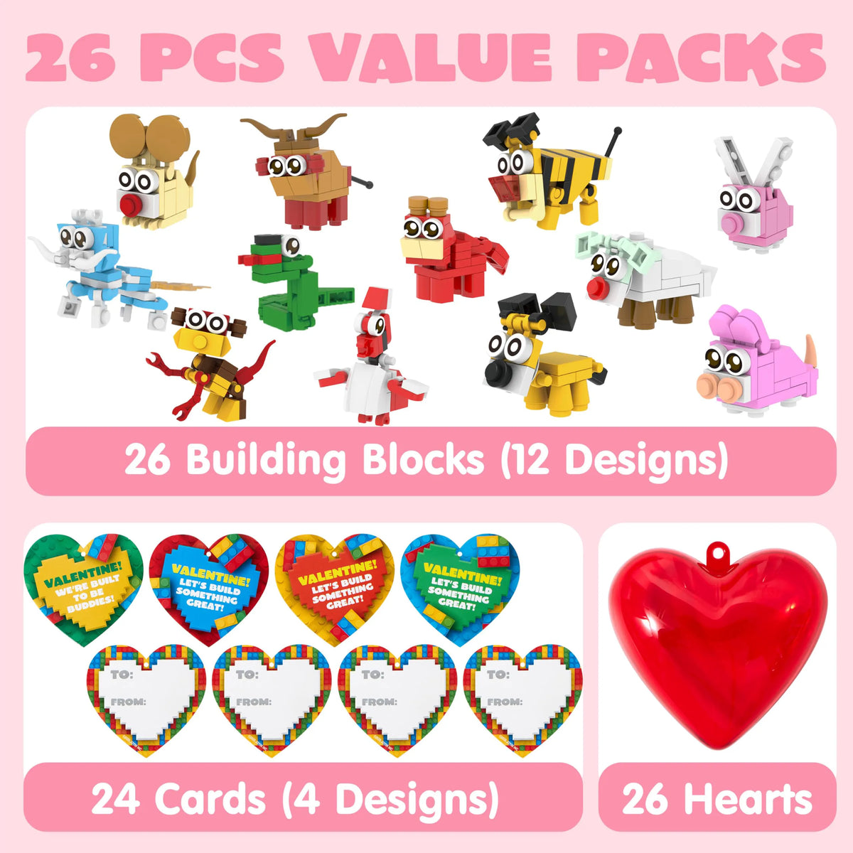 26-Piece Animal Building Blocks with Prefilled Hearts and Kids' Valentine Cards