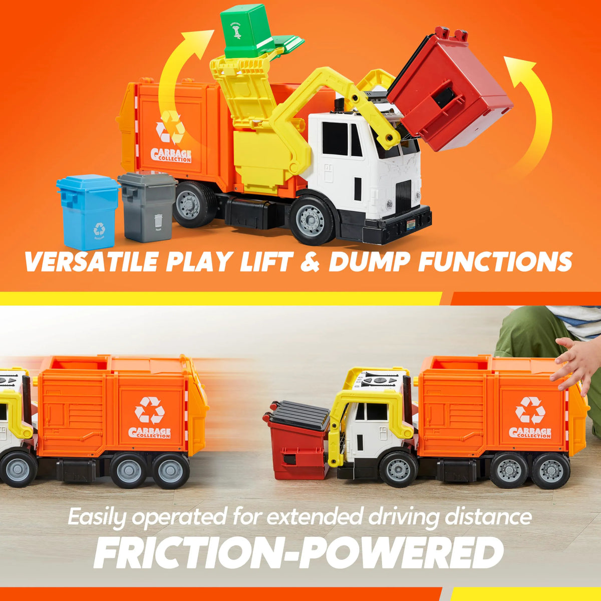 Large Orange Friction Powered Garbage Truck Toy Set