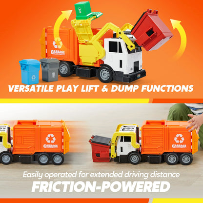 Large Orange Friction Powered Garbage Truck Toy Set