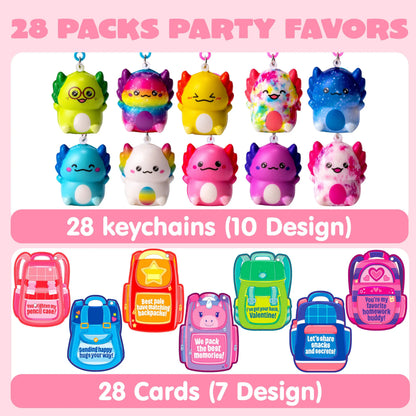 28 Pcs Valentine's Day Axolotl Toys with Backpack Cards