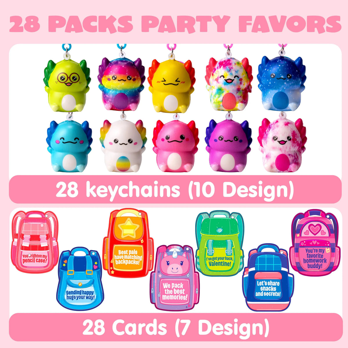 28 Pcs Valentine's Day Axolotl Toys with Backpack Cards