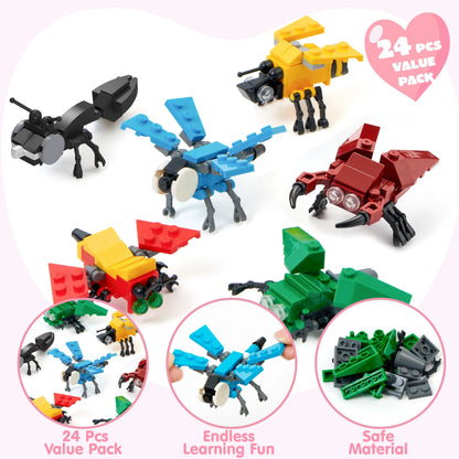 24 Pack Valentine's Day Cards with Animal Building Blocks for Gifts and Party Favors