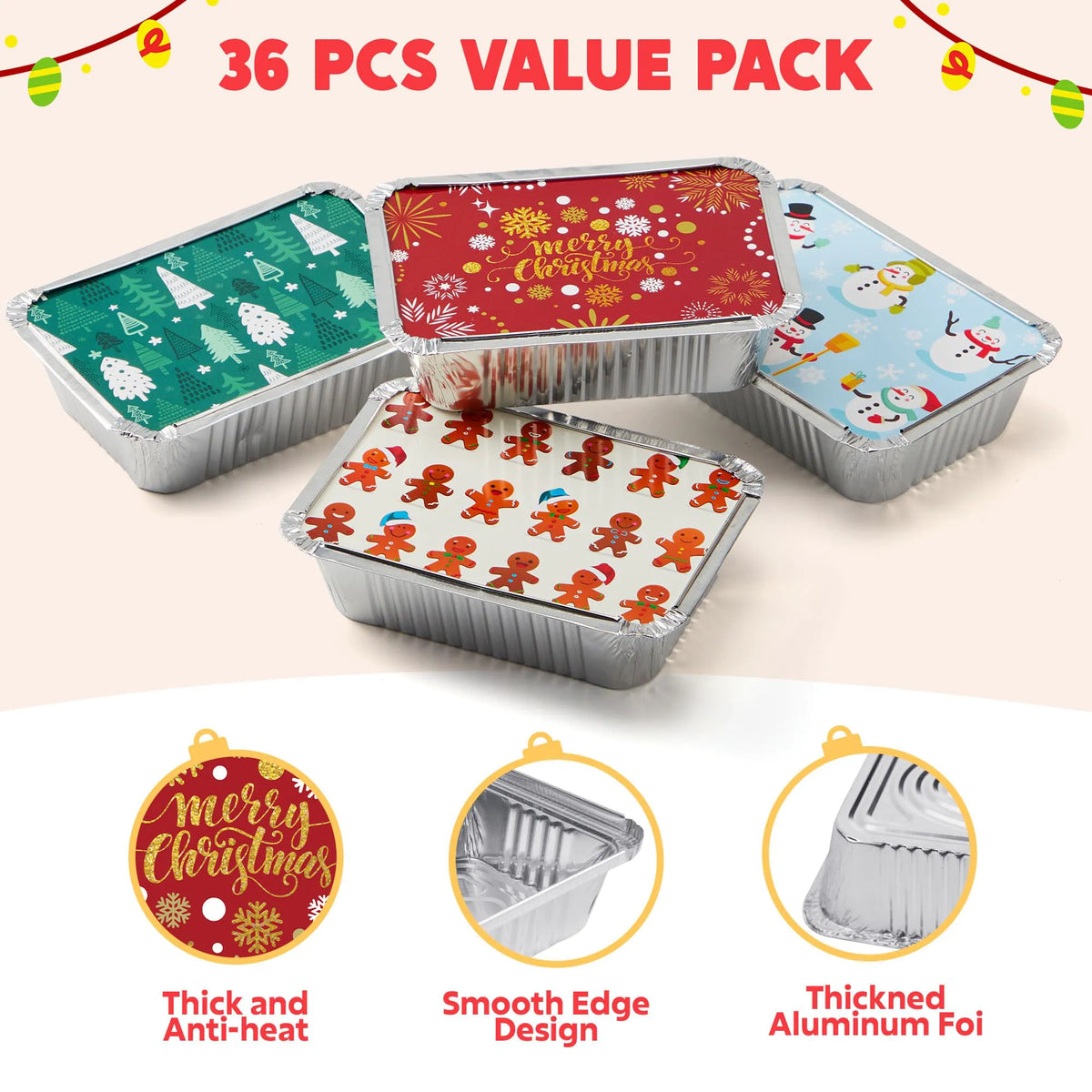 36-Pack Christmas Foil Containers with Lids