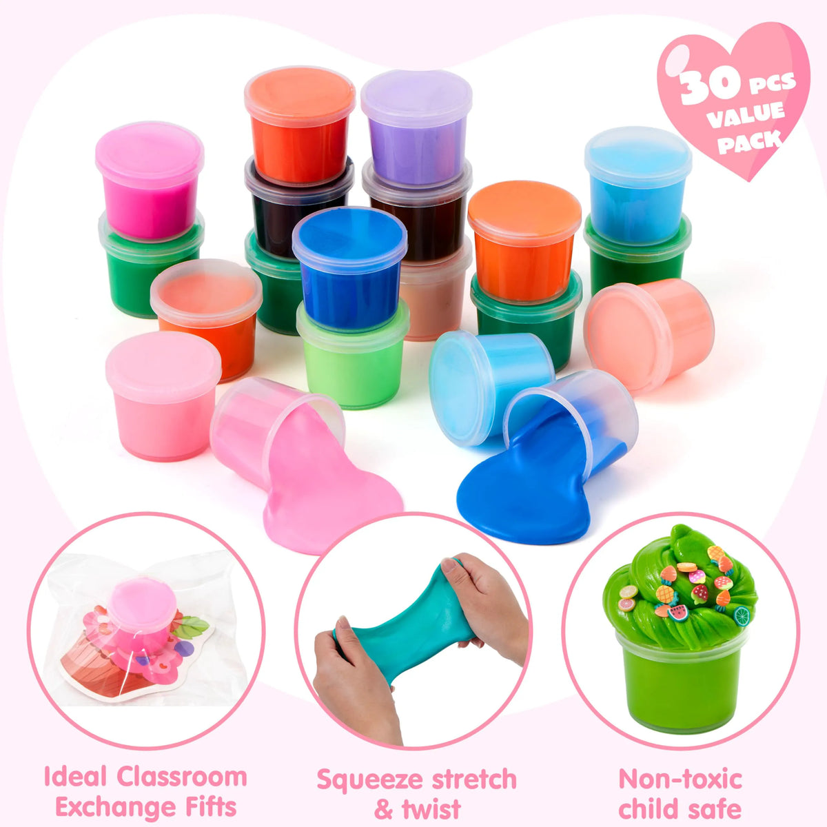 30-Piece Valentine's Day Multicolored Butter Slime Set with Rubber Slices & Dessert Cards