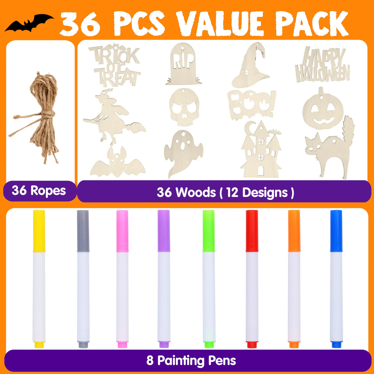 36-Piece Halloween Wooden Painting Craft Kit
