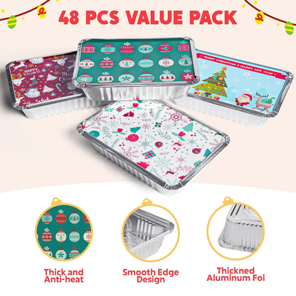 48-Pack Christmas Foil Containers with Lids (8.5"x6"x2" Rectangular)