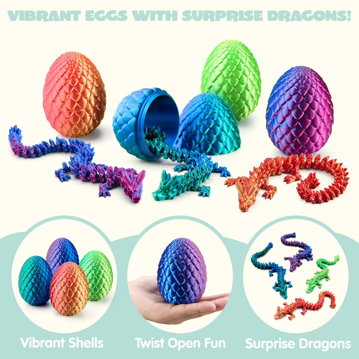 4 Pack 3D Printed Dragon Eggs with Laser Dragon - Articulated Fidget Toys for Kids