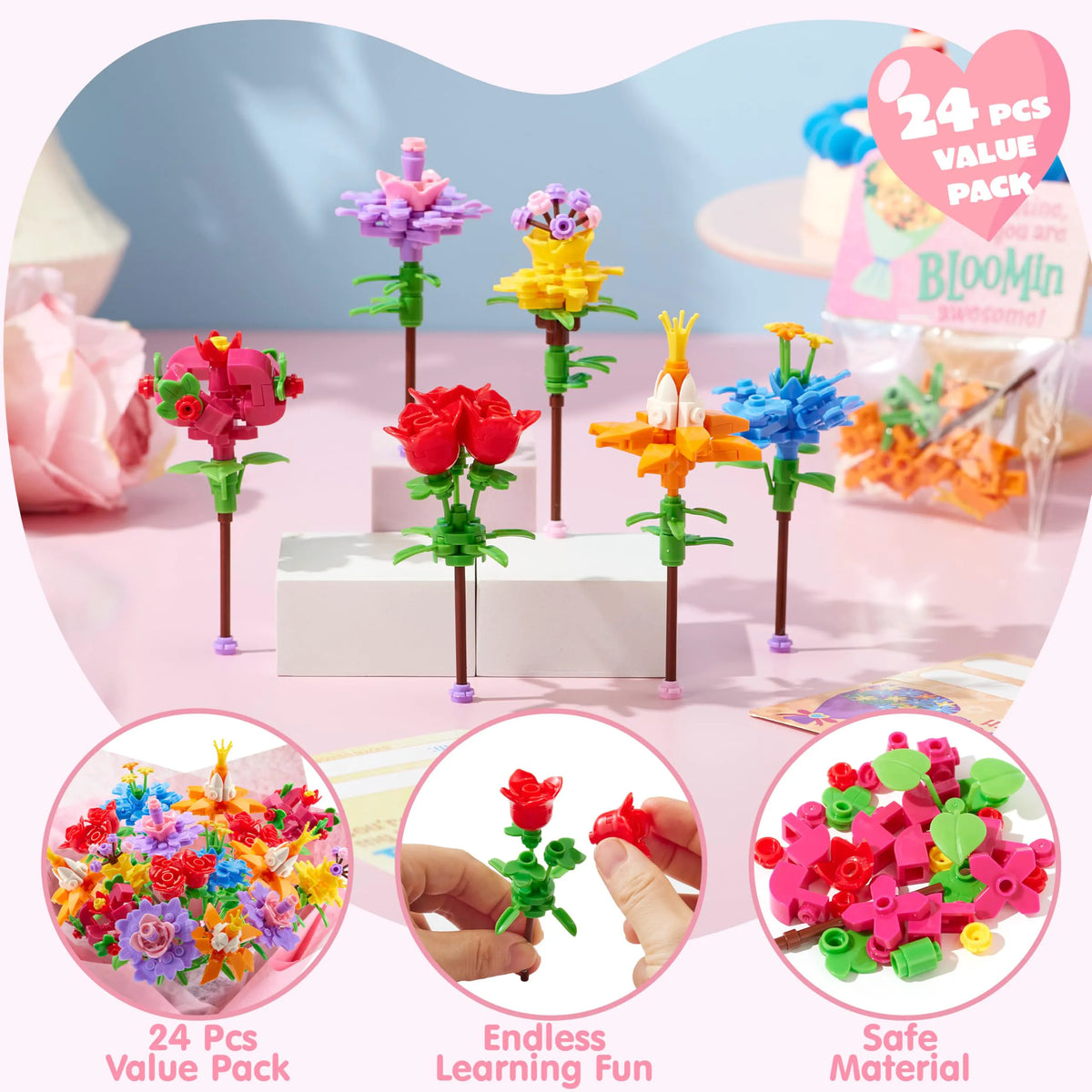 24 Pcs Valentine's Day Flower Bouquet Building Blocks with Cards