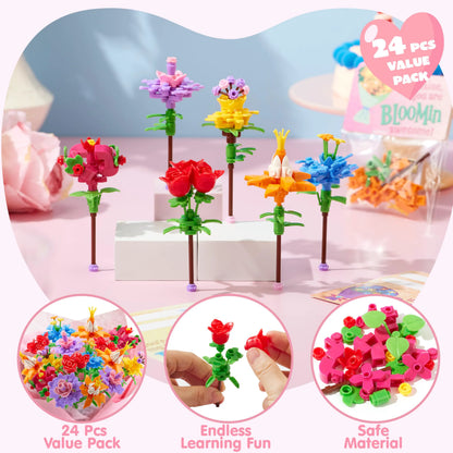 24 Pcs Valentine's Day Flower Bouquet Building Blocks with Cards