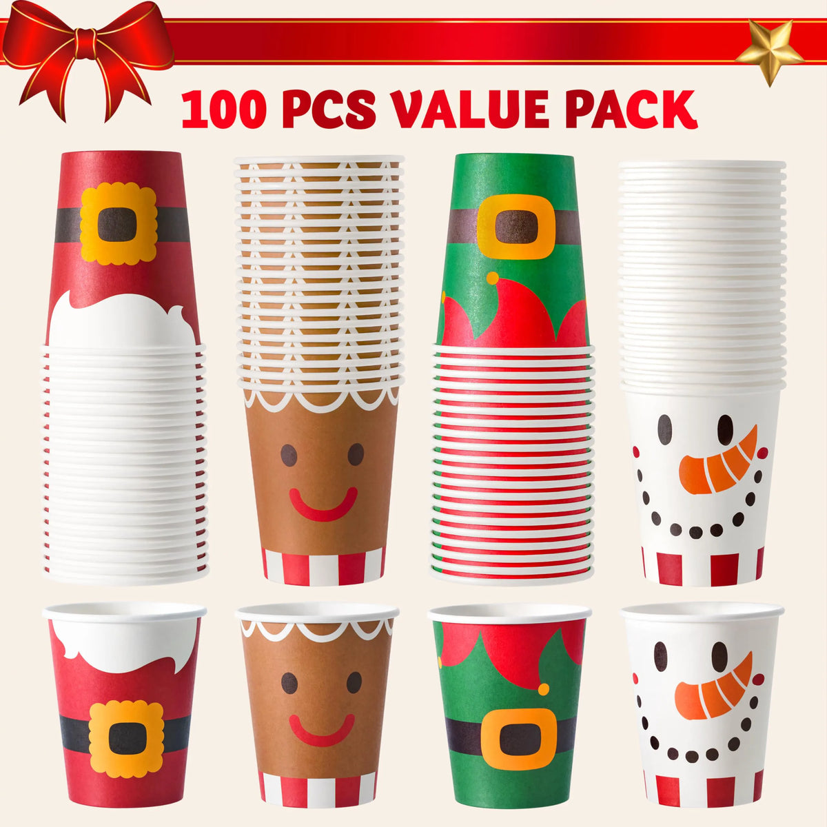 100 Pack 9oz Christmas Disposable Paper Cups