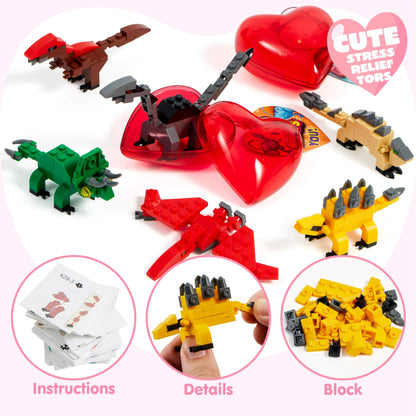 24 Pack Valentine's Day Cards with Dinosaur Building Blocks and Filled Hearts for Party Favors