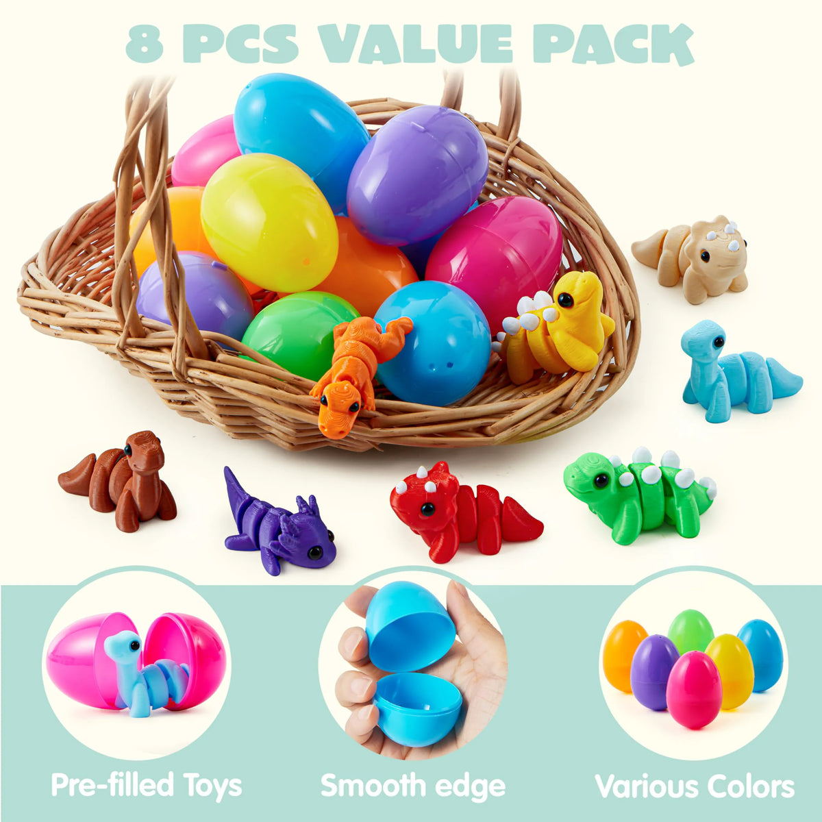 8 Prefilled Easter Eggs with Mini Dinosaur Toys